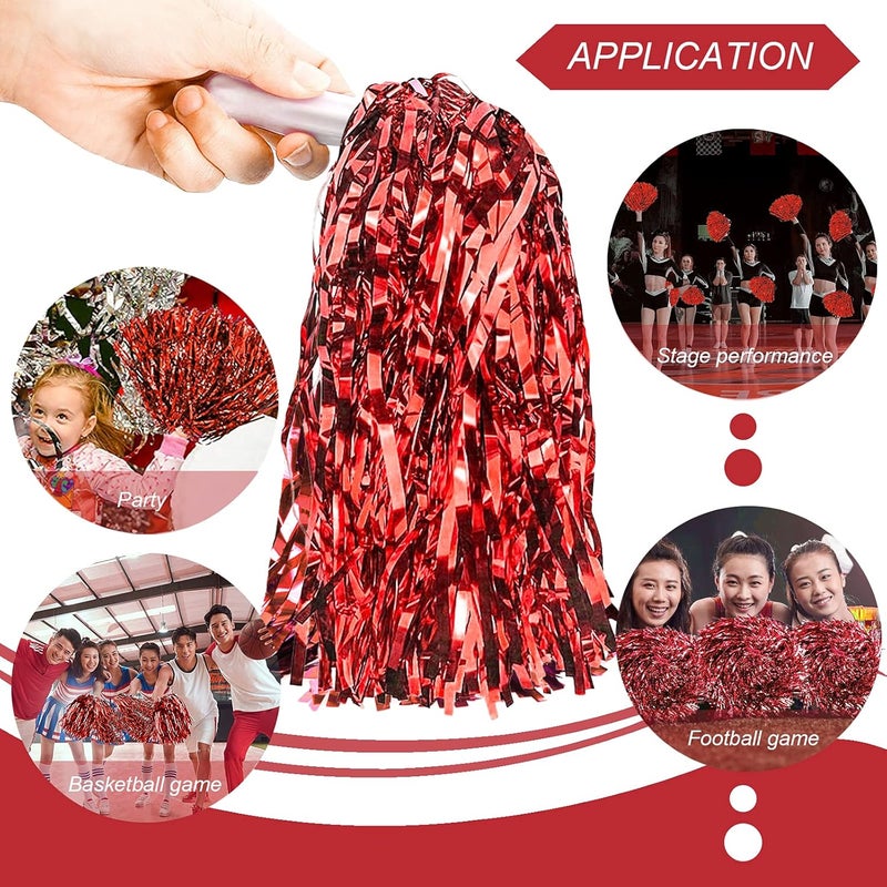 DILIBRA 24 Pcs Metallic Cheerleading Pom Poms for Kids, Cheerleaders Cheer Pom Poms with Baton Handle, Cheering Squad Hand Flower for Adults Team Spirit Sports Game Dancing Party - Image 3
